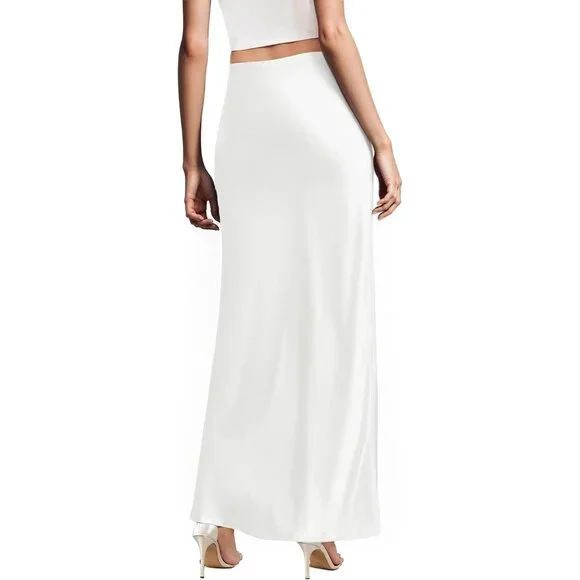 Women's White Silky Satin Fabric Stretch High Waist Casual Pull On Maxi Skirt